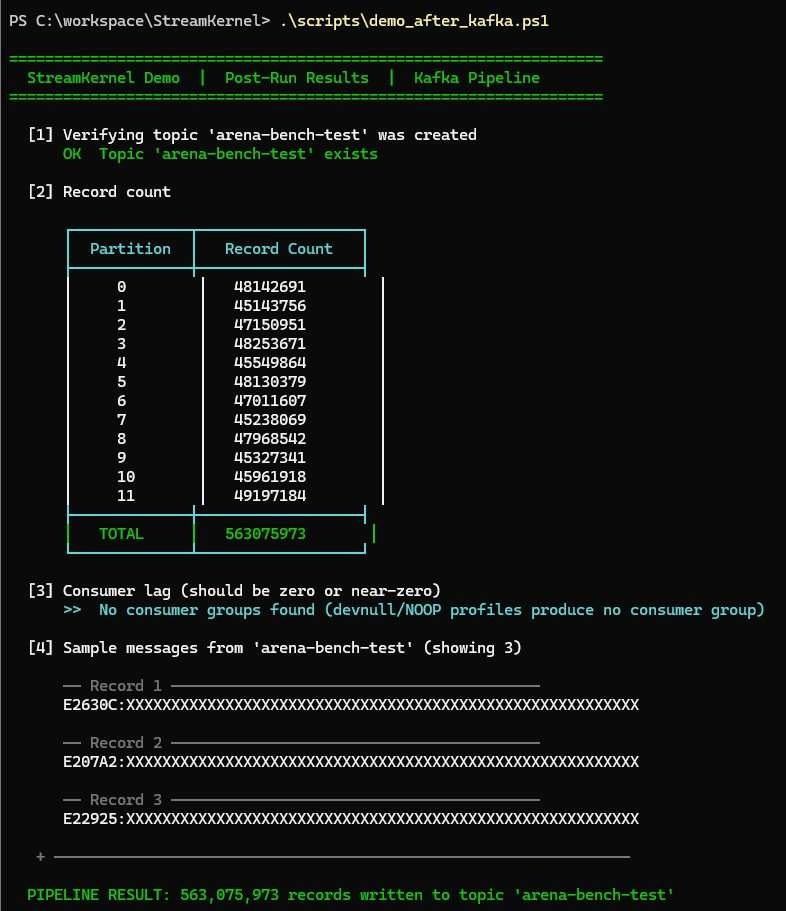 Terminal output of the post-run script listing per-partition record counts and sample messages after the run.