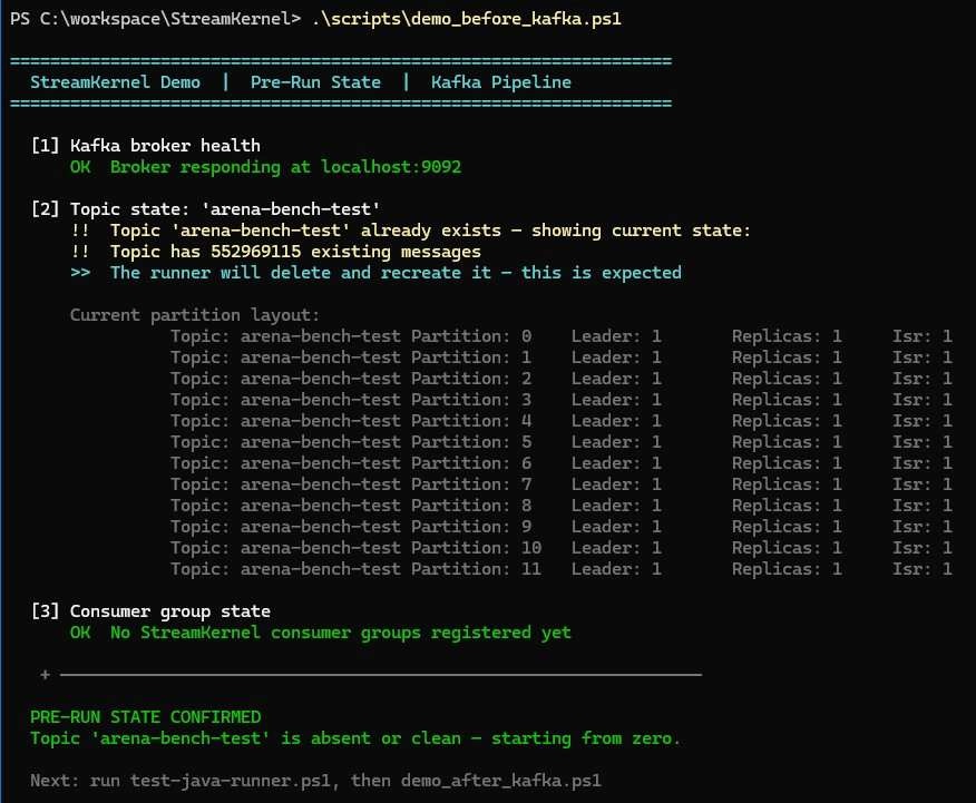 Terminal output of the pre-run script listing the topic's partitions and message counts before the run.