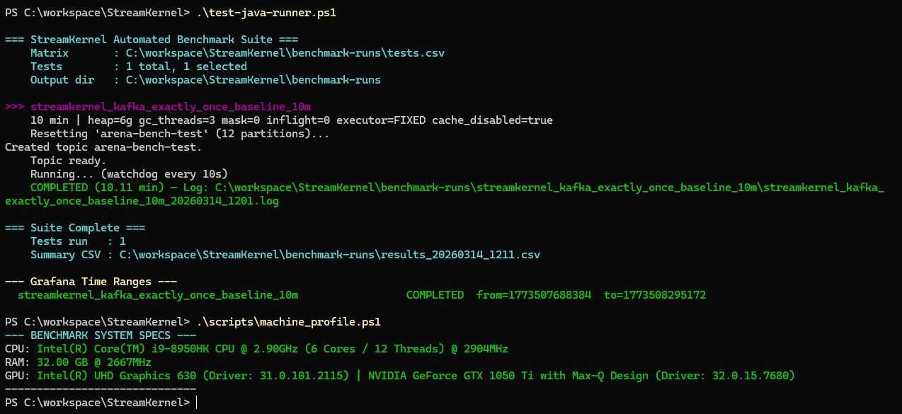 Terminal output of the benchmark runner script showing the test configuration, topic reset, completion status, and Grafana time range, followed by the machine profile script listing CPU, RAM, and GPU.