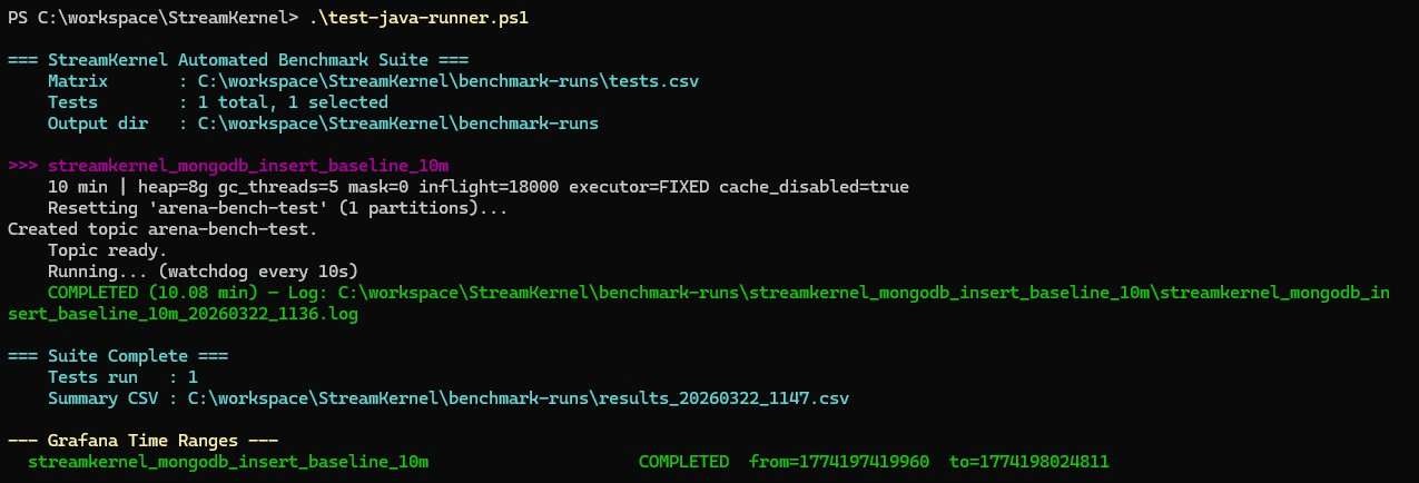 Terminal output of the automated benchmark runner script showing the run completing and its Grafana time range.
