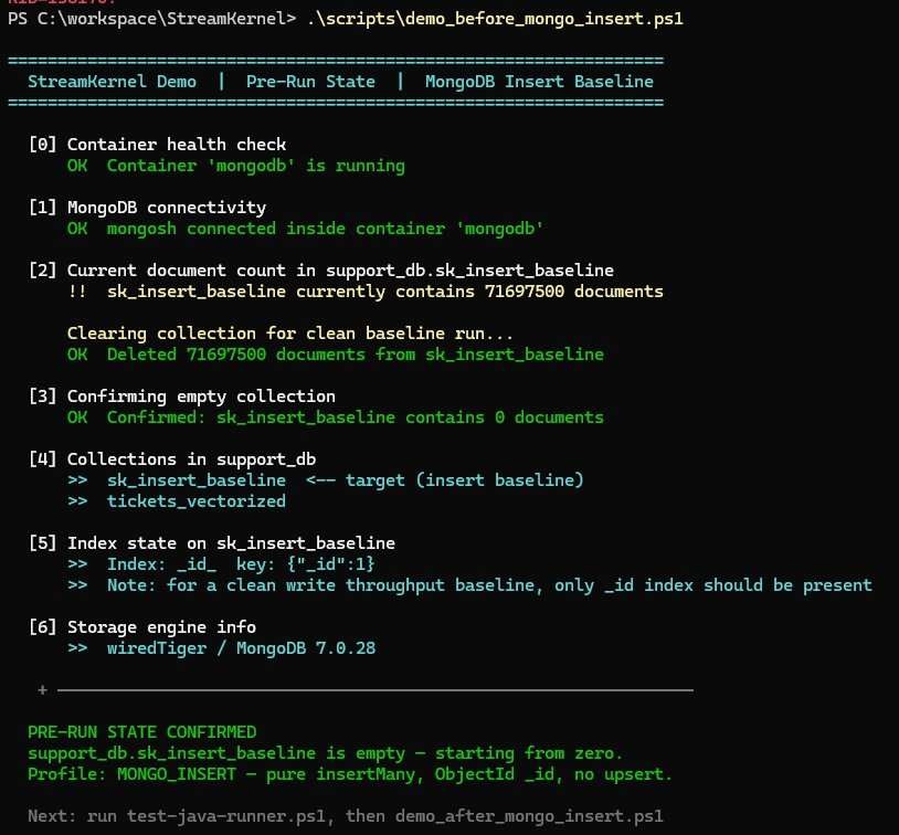 Terminal output of the pre-run demo script showing container health, document count, collection clearing, index state, and storage engine before the run.