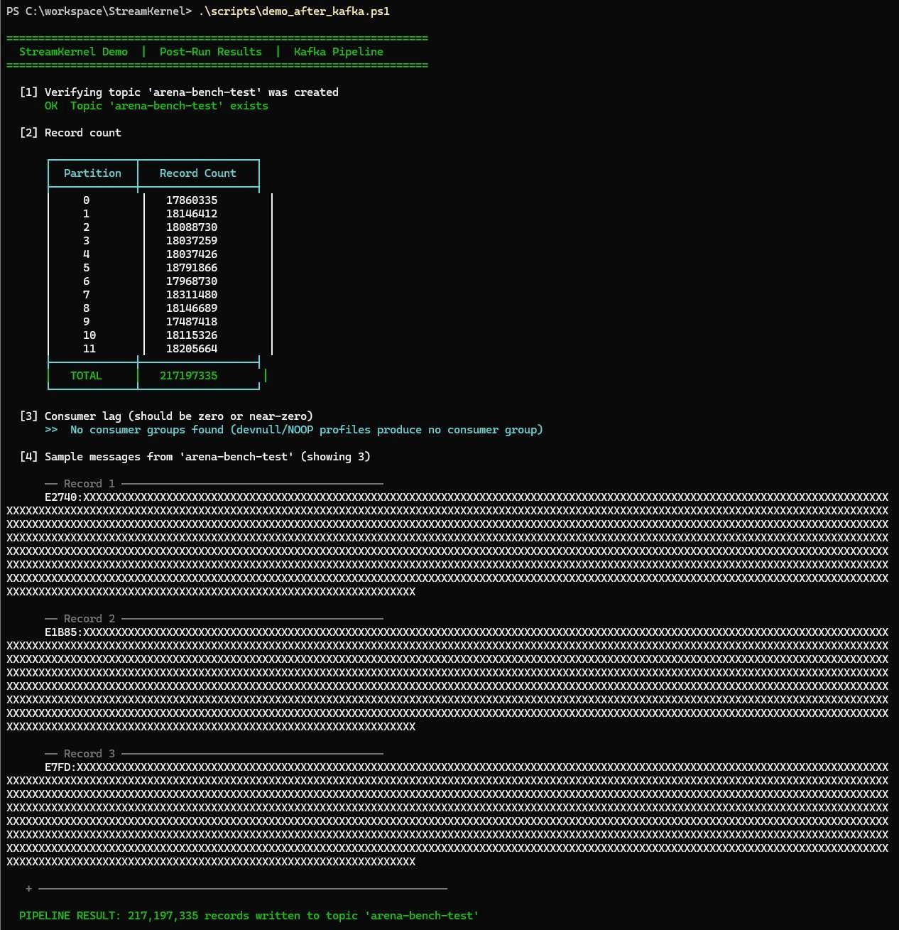 Terminal output of the post-run demo script listing per-partition record counts and sample messages after the run.